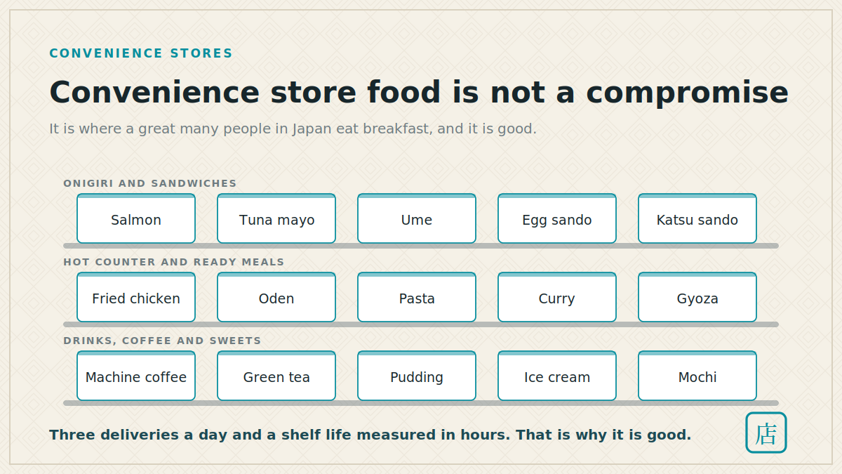 Not a compromise Three shelves of Japanese convenience store food grouped by category
