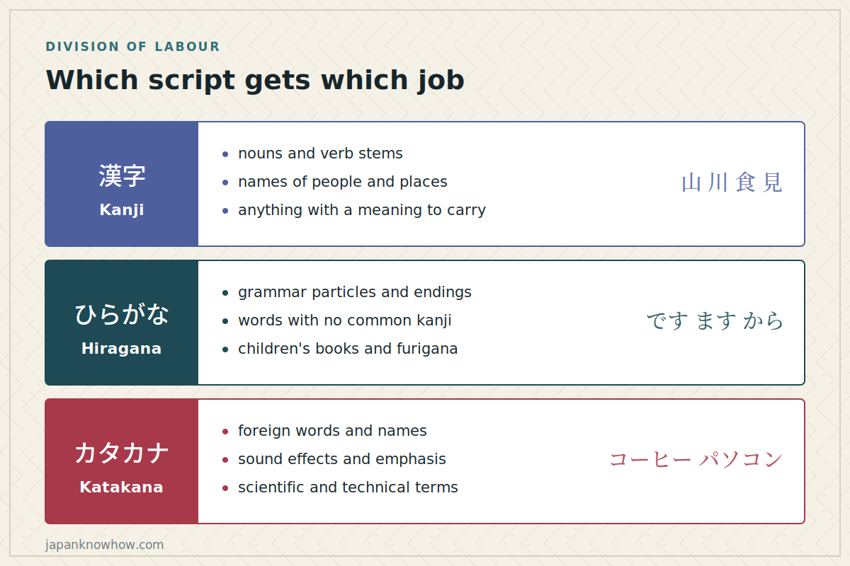 Three lanes showing the jobs of kanji, hiragana and katakana with example words for each