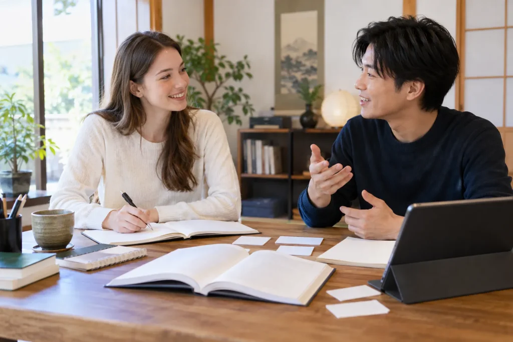 Additional image placement: Image showing a Japanese everyday conversation with visible focus on respectful distance, listening, and natural communication timing