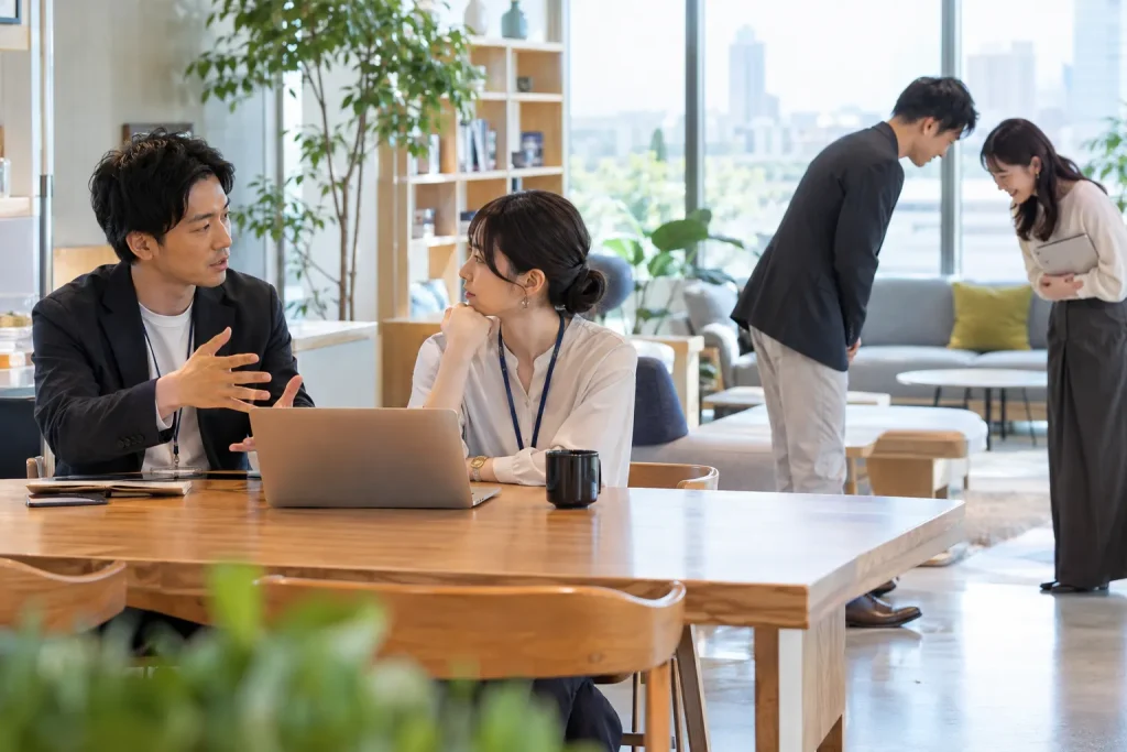 Additional image placement: Image showing Japanese language study materials with polite phrases organized by real-life communication situations