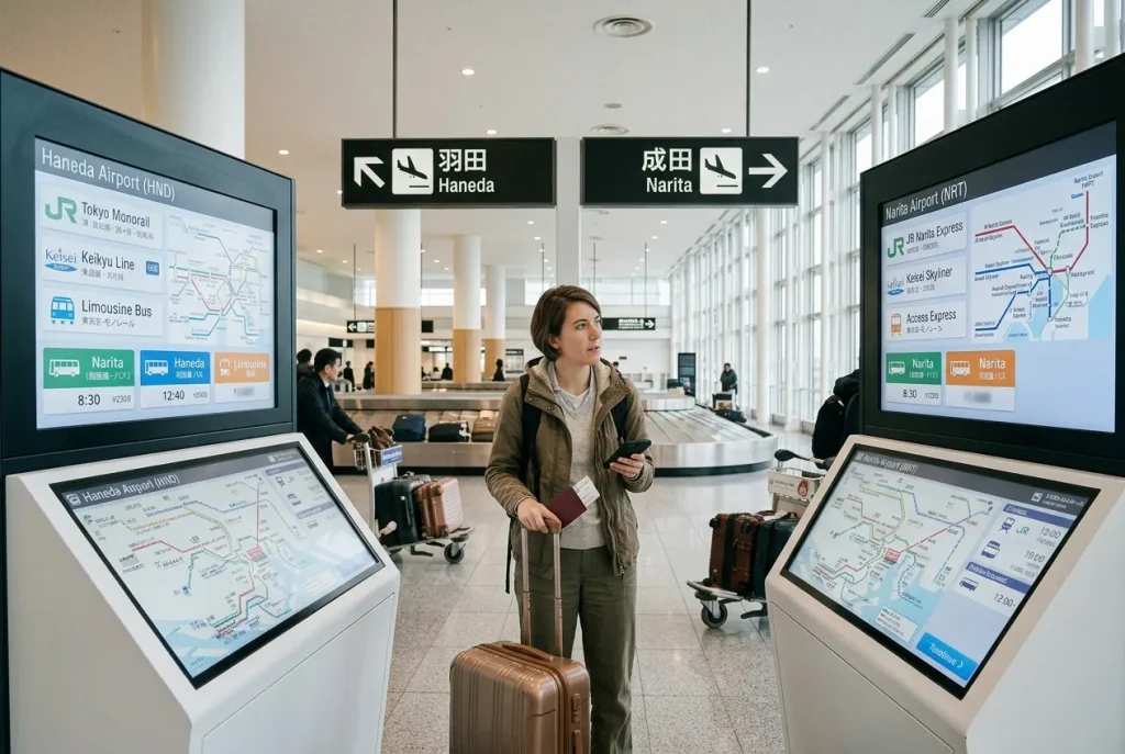 Tokyo airport comparison information with Haneda and Narita labels, airport terminals, transportation connections, and arrival planning elements