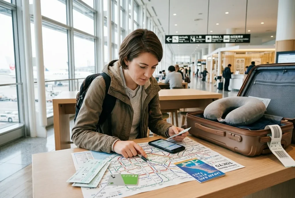 Image showing a traveler planning a Japan arrival route with airport maps, transportation tickets, and luggage preparation.