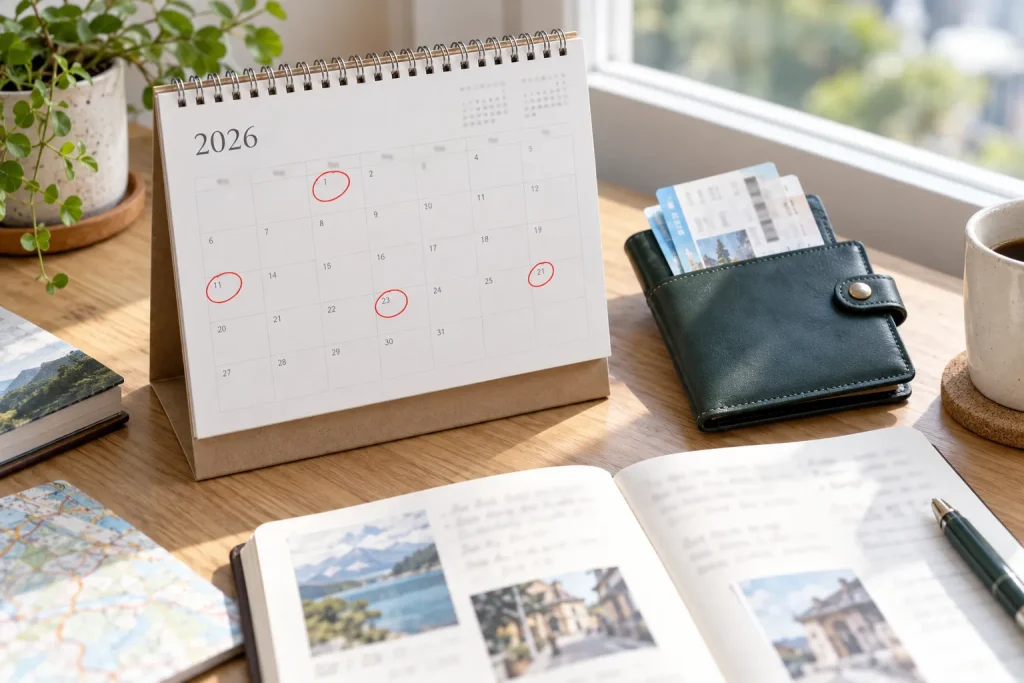 A printed 2026 Japanese desk calendar with the national holidays marked, beside a train ticket wallet and an open travel notebook.
