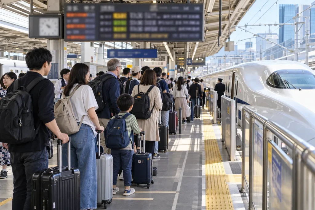 Travelers with rolling luggage waiting beneath a bright Shinkansen departure board during Golden Week, with one train and one platform as the single scene