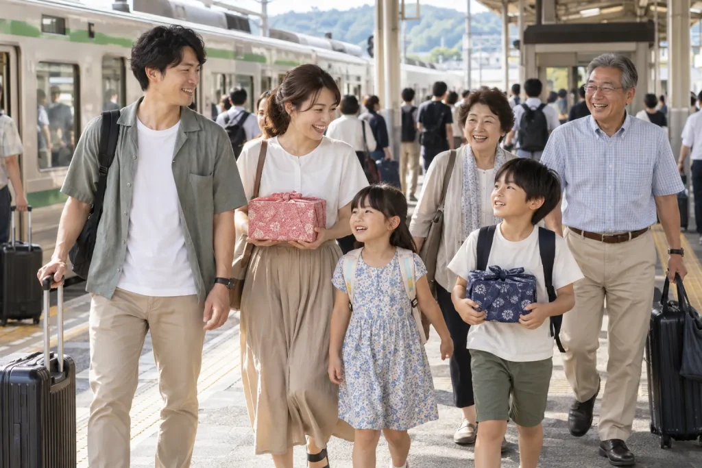 A Japanese family arriving at a regional railway station in mid-August with small suitcases and wrapped homecoming gifts