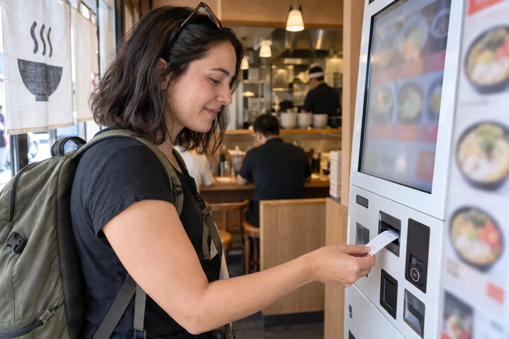 A customer selecting a meal at a restaurant ticket machine near the entrance while holding the printed ticket