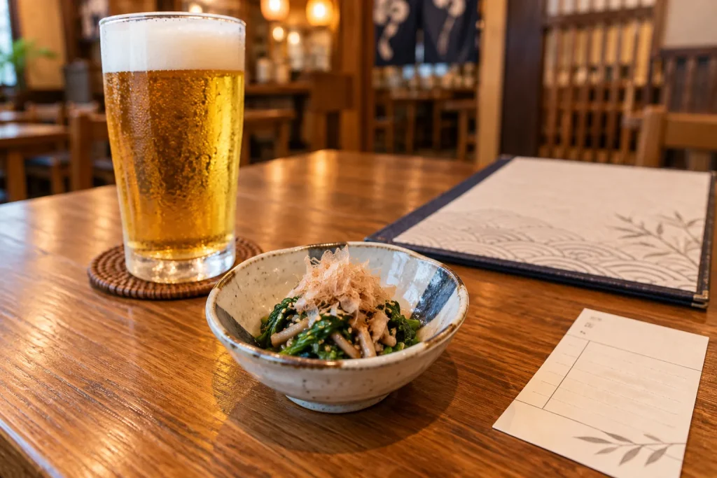 A small izakaya appetizer beside the table’s drink order and itemized bill slip
