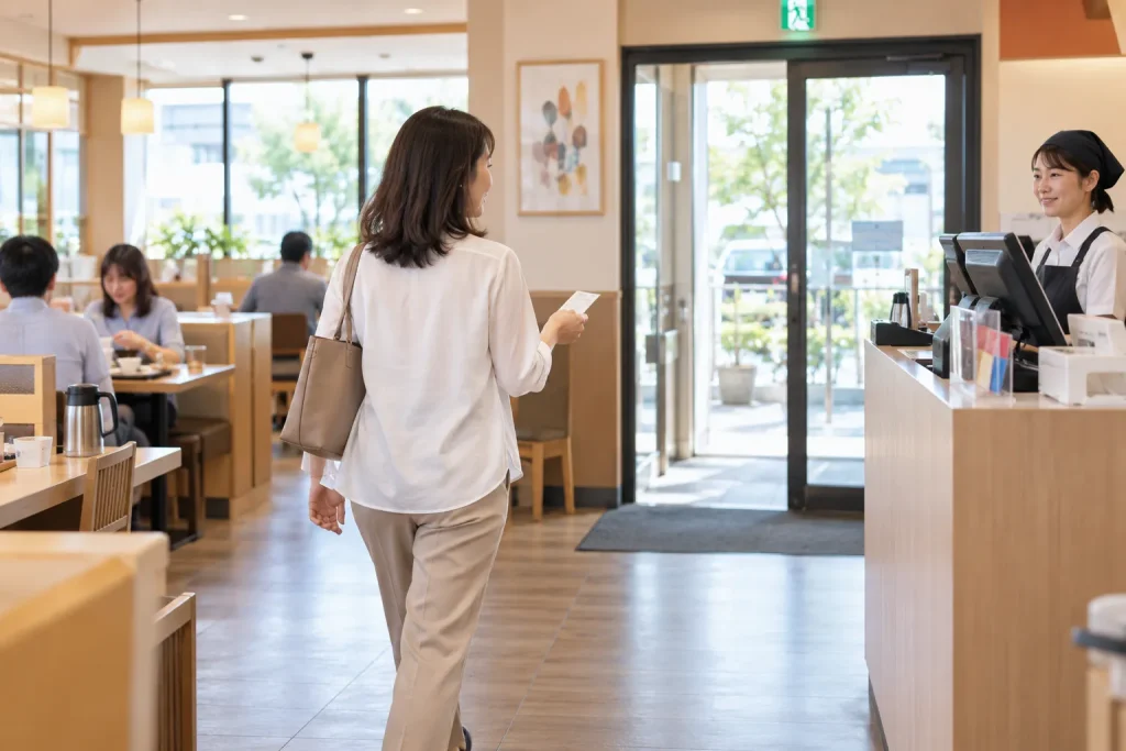 A diner carrying a small bill slip from the table to a register near the restaurant exit