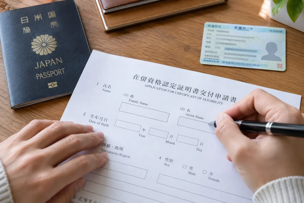 A foreign resident comparing the name fields on a residence card application with the Roman-letter name in an open passport