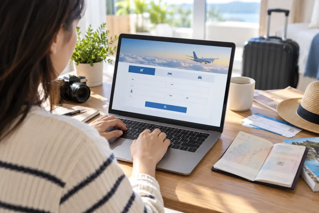 An international flight booking screen with family-name and given-name boxes beside the machine-readable passport page