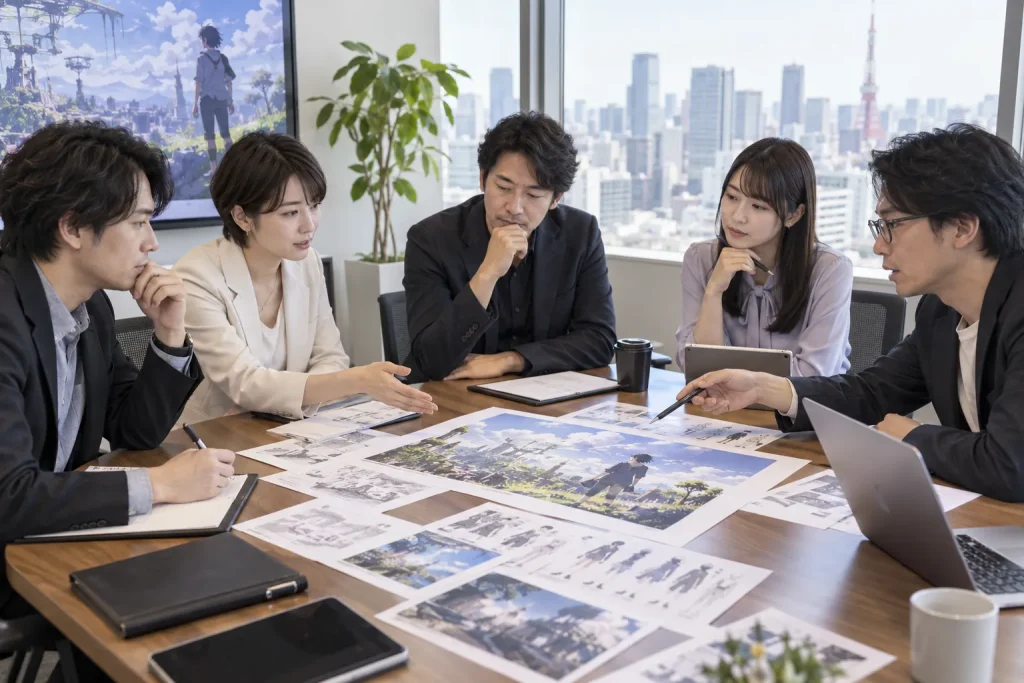 Representatives of a publisher, broadcaster, music company, distributor, and animation studio reviewing one anime production proposal around a meeting table