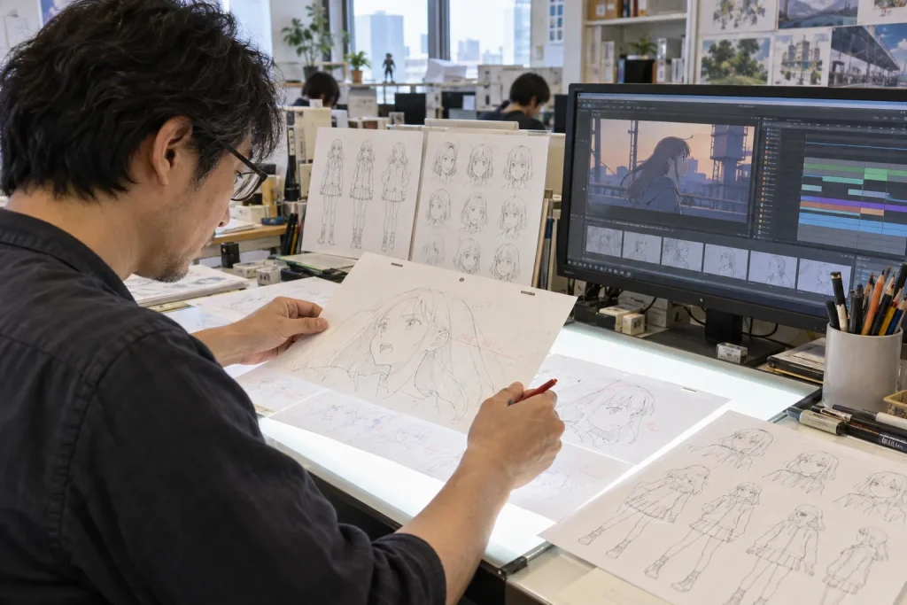 An animation director checking character model sheets and corrected key drawings while a production schedule remains visible on a nearby monitor