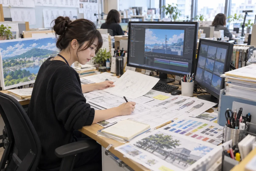 Key animation sheets, digital background work, color references, and compositing material being coordinated at a production-management desk