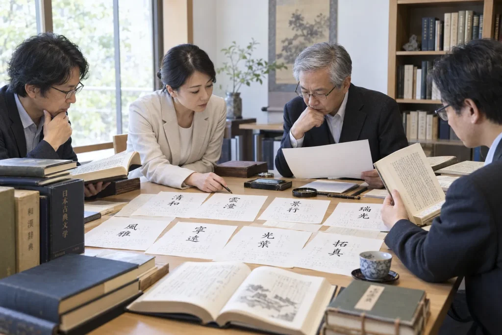 Confidential era-name candidate sheets with paired kanji, readings, meanings, and classical source references being reviewed by Japanese literature scholars