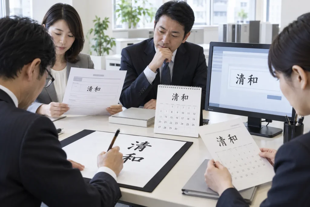 Government specialists testing two-kanji era candidates for handwriting, pronunciation, printed forms, calendar notation, and digital system compatibility