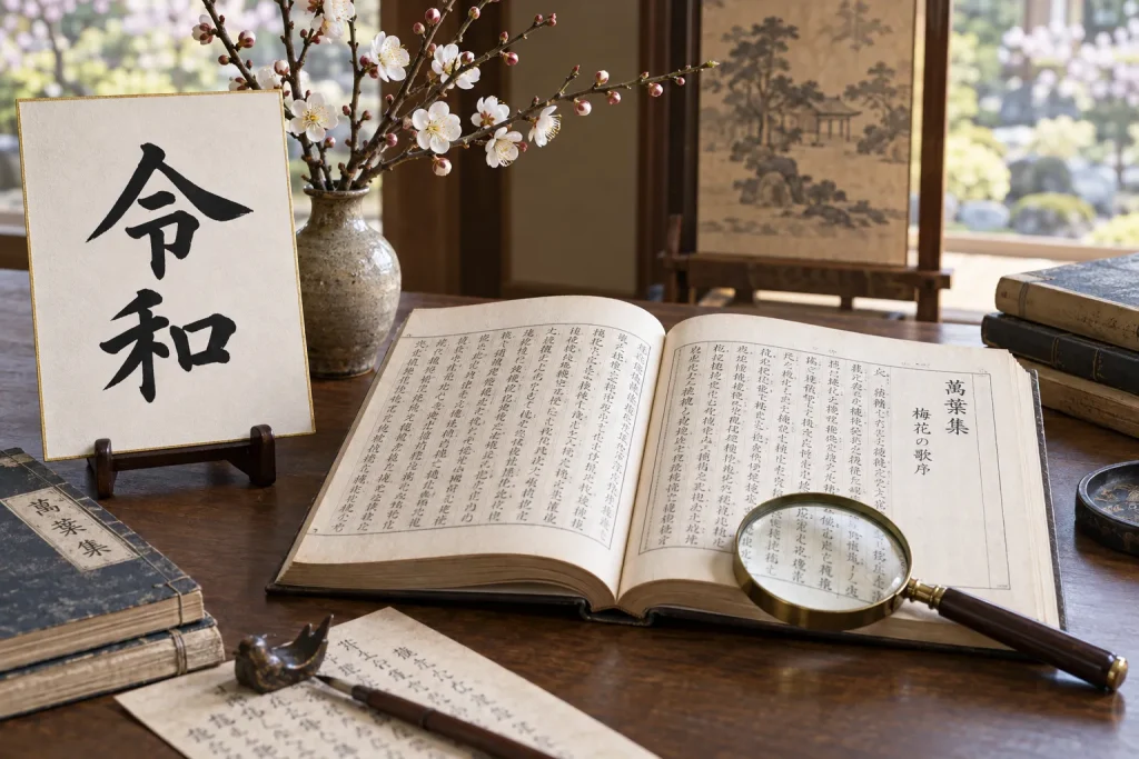 The two kanji 令和 beside an open scholarly edition of the Man’yōshū showing the plum-blossom preface used as the literary source
