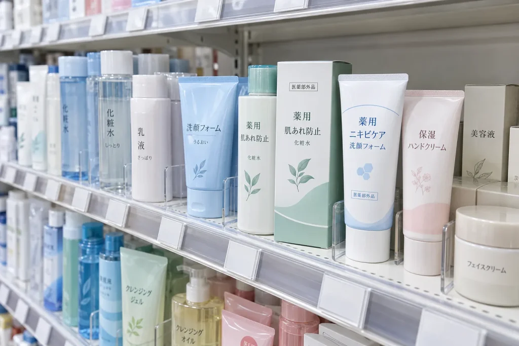 evenly lit photograph of a Japanese drugstore skincare shelf, showing packaging where the words "医薬部外品" or "薬用" are visible on several boxes alongside ordinary cosmetic packaging without those words, so the two categories are visually distinguishable on the same shelf