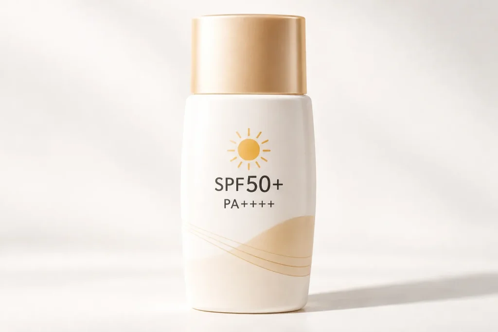 close-up photograph of a sunscreen bottle label clearly showing "SPF50+" and "PA++++" printed together, held or resting against a plain light background, no hands or people, no text overlays added