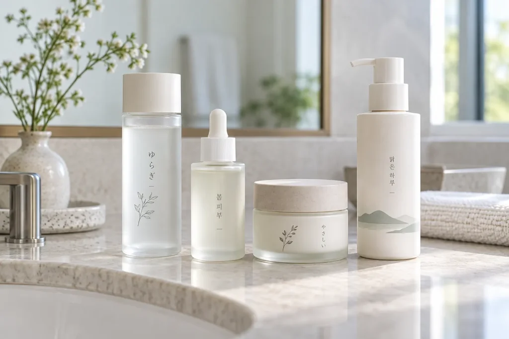 a bathroom counter with three or four skincare bottles arranged neatly, mixed Japanese and Korean packaging visible side by side, natural daylight, no readable claim text emphasized, no people