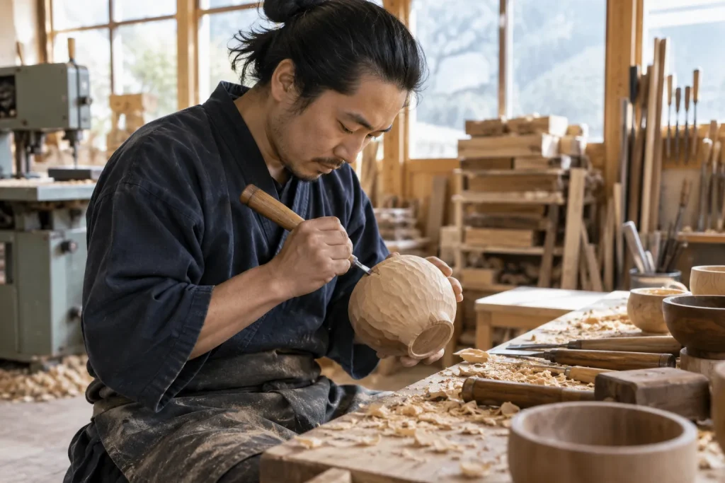 A craftsperson completing a defining manual production stage while workshop equipment remains visible in the background