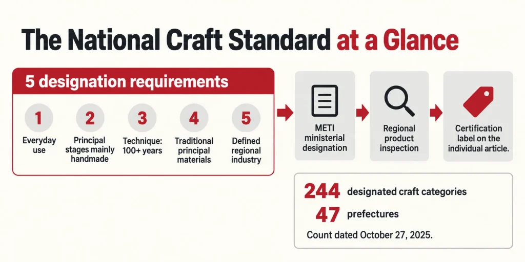 The two-stage route from regional industry to labeled product: five designation requirements, ministerial designation, regional product inspection, and certification label