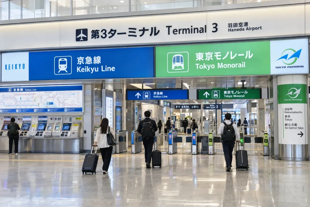 Haneda Airport Terminal 3 railway entrance, Keikyu and Tokyo Monorail signs, and ticket machines