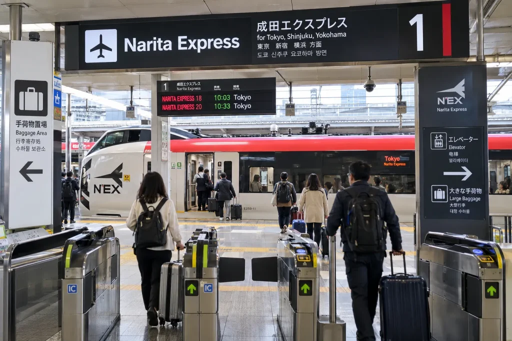 Narita Airport railway concourse with N’EX ticket machine, platform information, and luggage signs