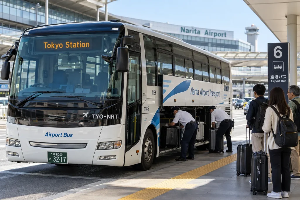 TYO-NRT airport bus boarding area at Narita with Tokyo Station destination display and luggage loading zone