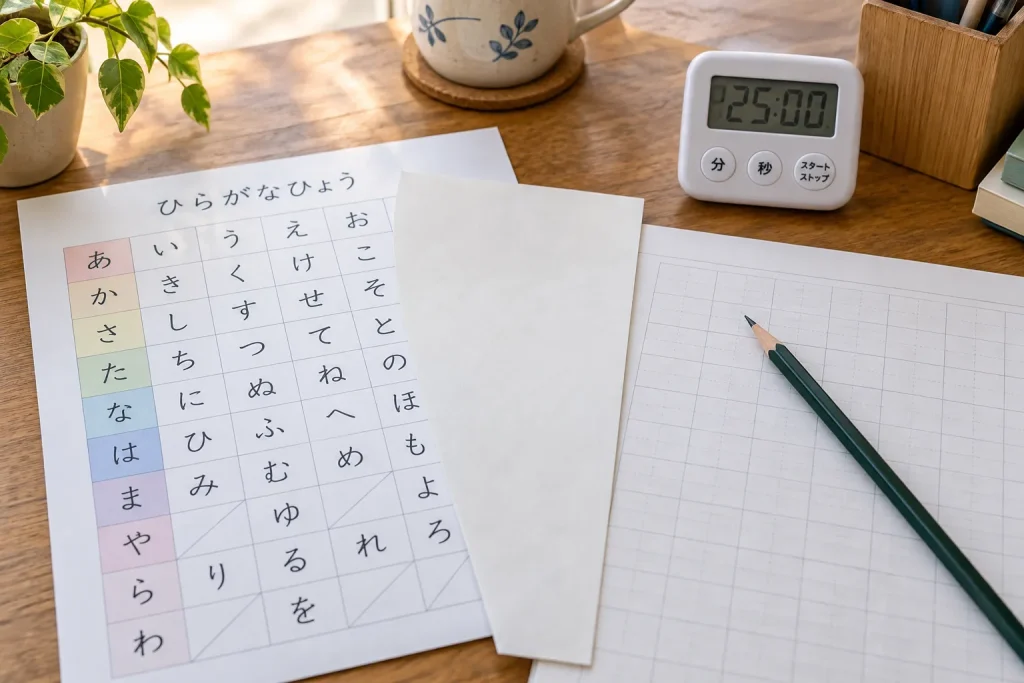  The materials required for the first study block: kana chart, paper, pencil, timer, and word-check sheet