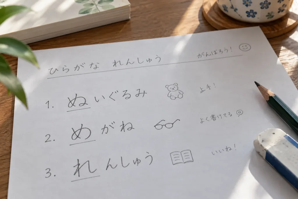 The three extra-review characters ぬ, め, and れ shown inside real Japanese words