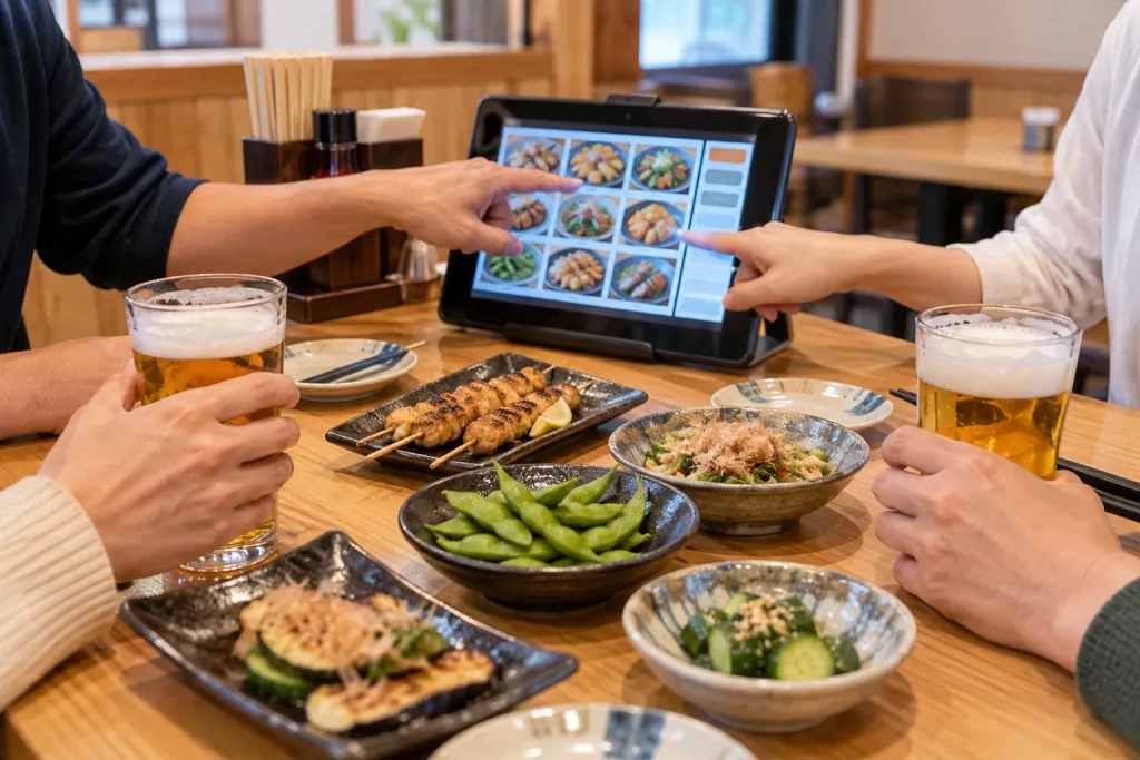 A table ordering a second round of shared izakaya dishes from a touchscreen menu.