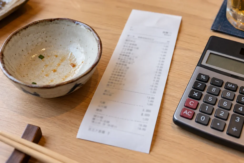  An itemized izakaya bill beside an otoshi bowl, with the per-person charge indicated on the receipt.
