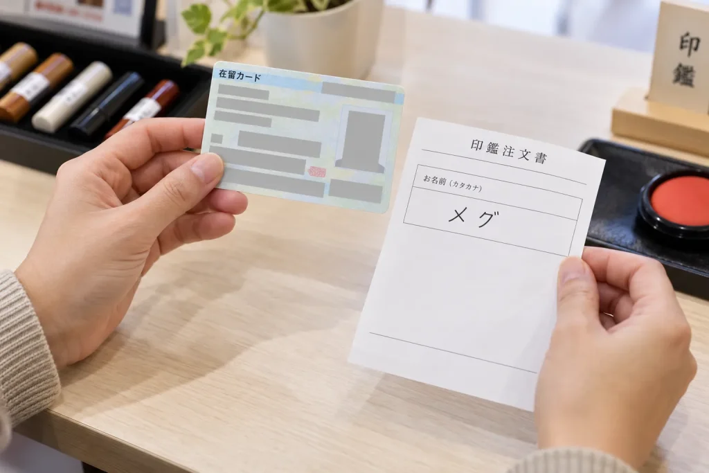 A katakana name spelling being checked against a residence card before a seal is ordered.