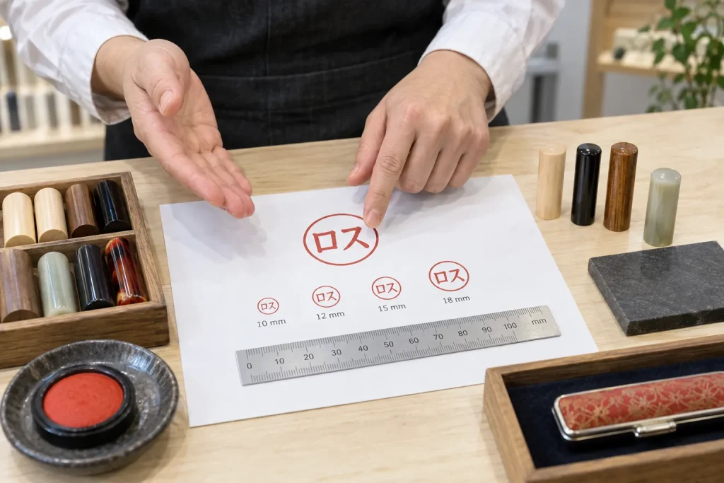A seal-shop order sheet showing a confirmed katakana surname, layout options, and seal sizes.