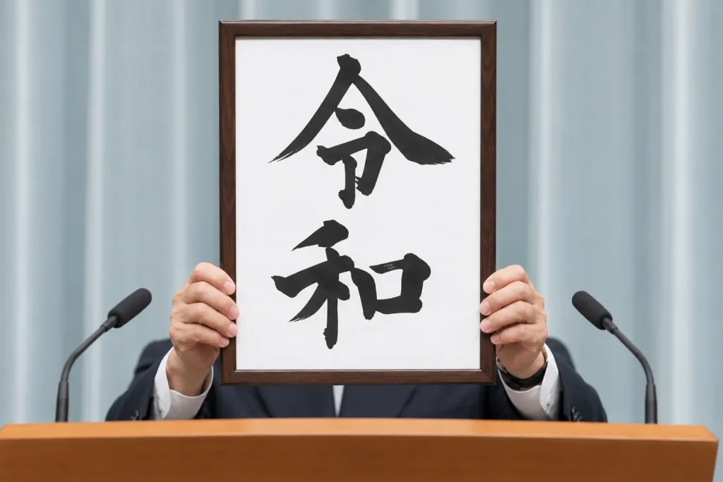 The official Reiwa calligraphy board held at the lectern