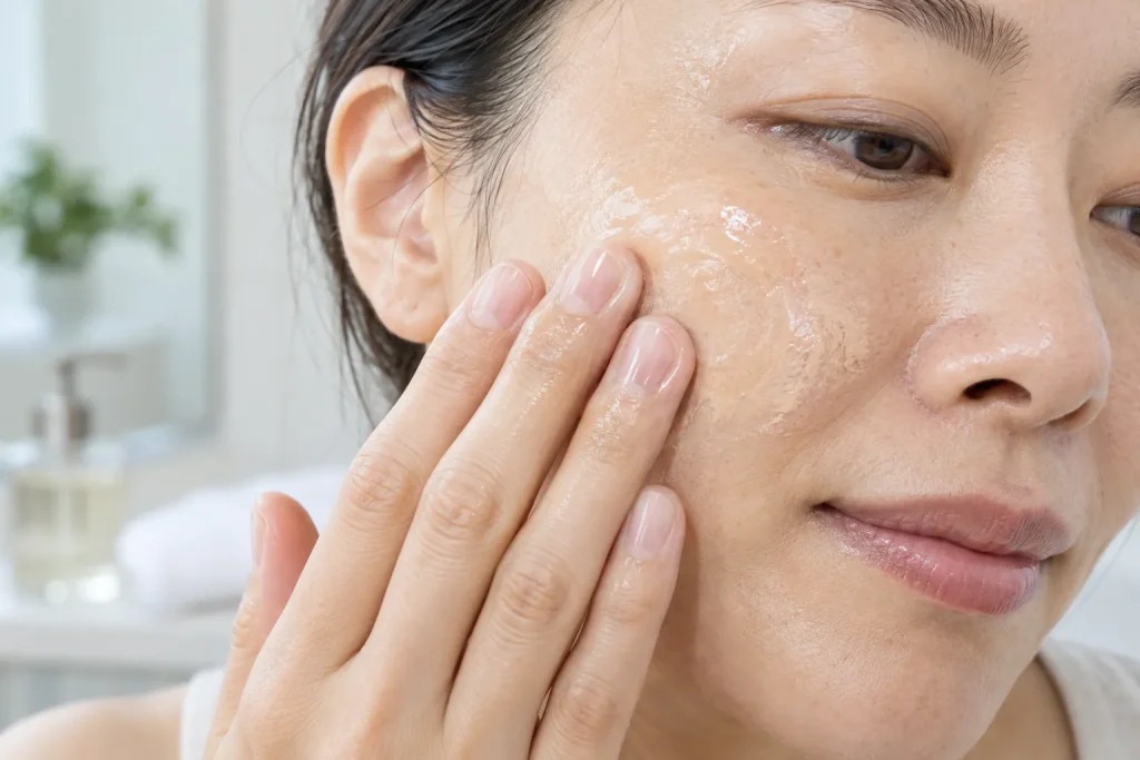 Oil cleanser being applied with dry hands to a dry face before water is introduced.