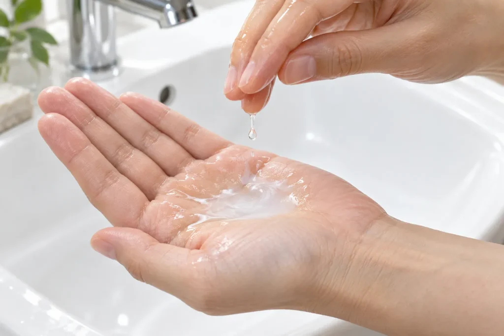 A small amount of water turning cleansing oil milky during the emulsification stage.