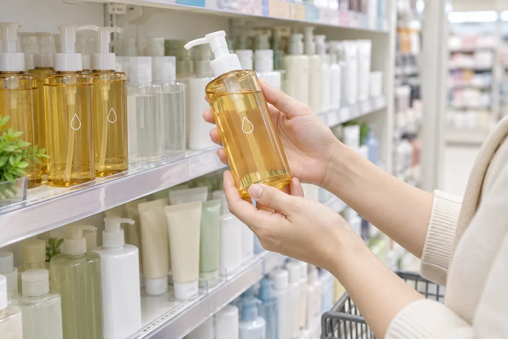 A Japanese cleansing-oil package showing the label that a second face wash is unnecessary.
