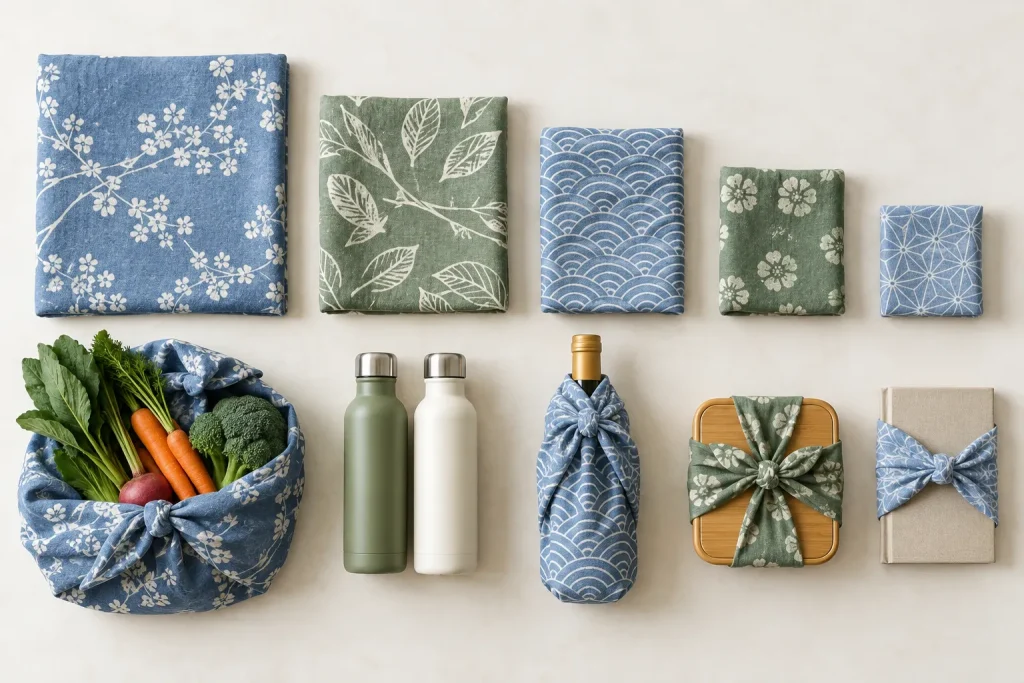 Furoshiki cloths measuring 45, 50, 70, 90 and 105 centimeters arranged beside the objects suited to each size