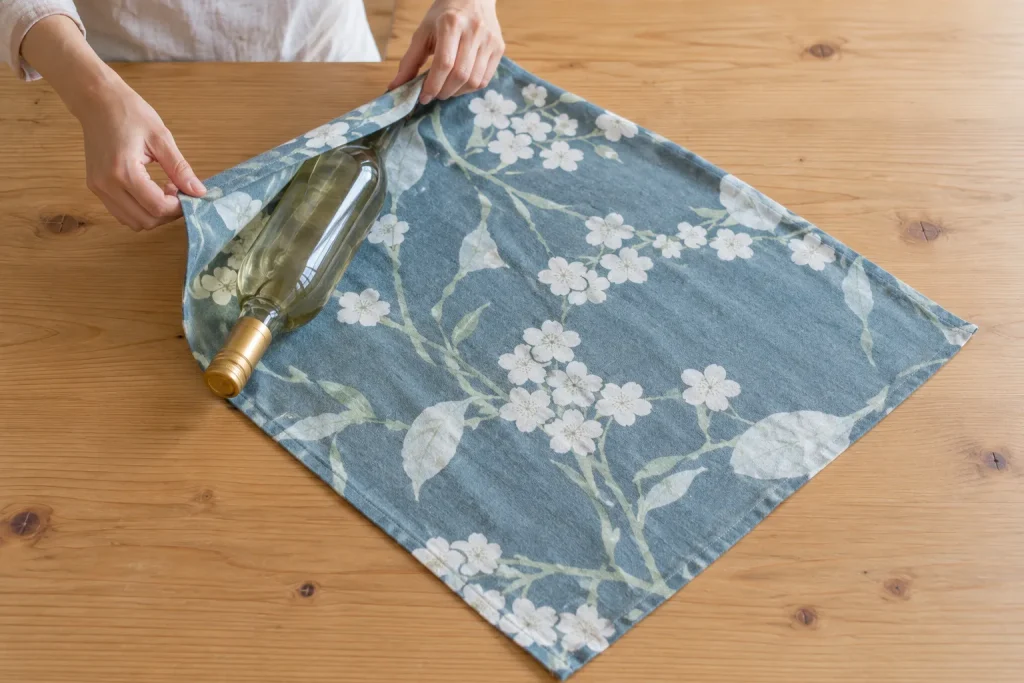 One glass bottle positioned diagonally on a 70-centimeter furoshiki before rolling