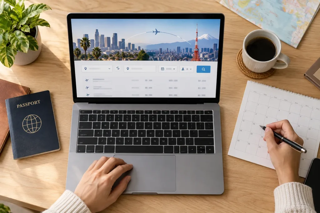 A traveler comparing Los Angeles–Tokyo economy fares on a laptop beside a passport and a paper calendar.
