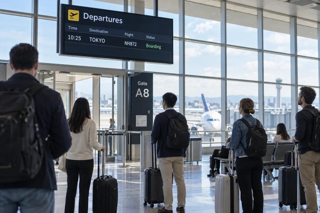A bright airport departure board showing flights to Tokyo while travelers wait with compact luggage.