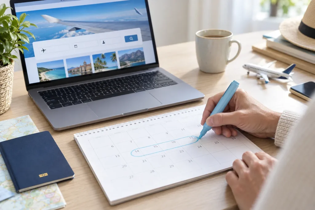 A traveler marking a two-to-five-month booking window on a desk calendar beside an open flight-search screen