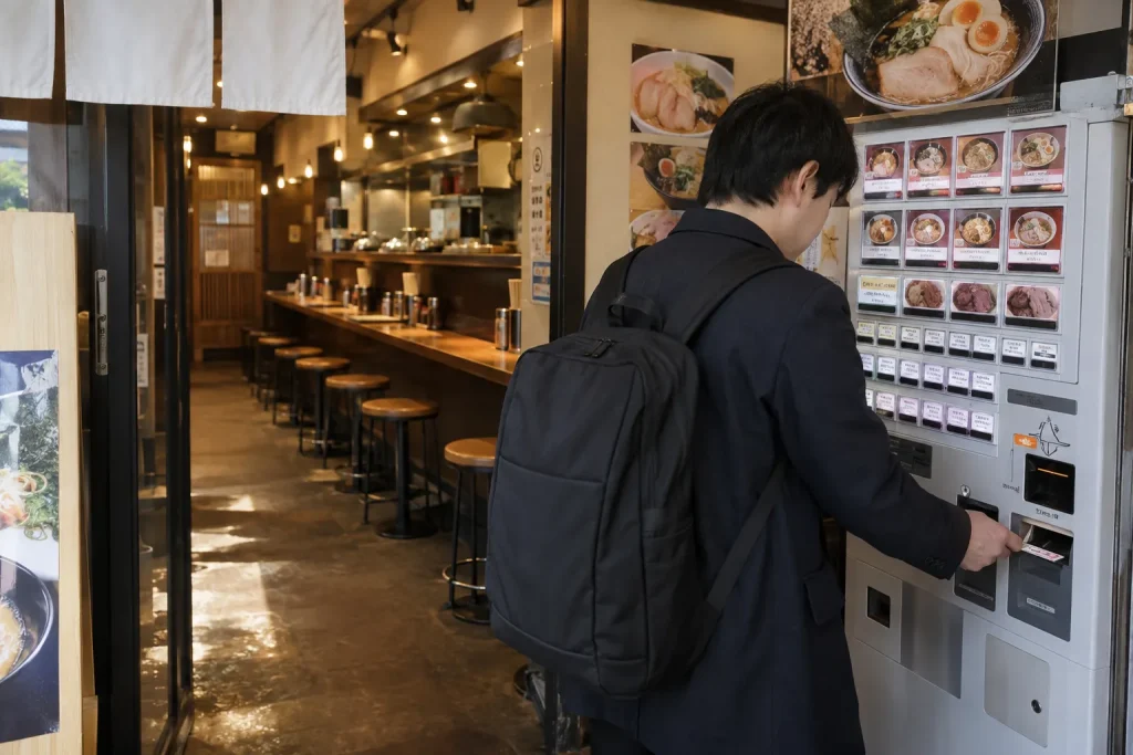 Customer using the ticket machine near the entrance before entering the seating area