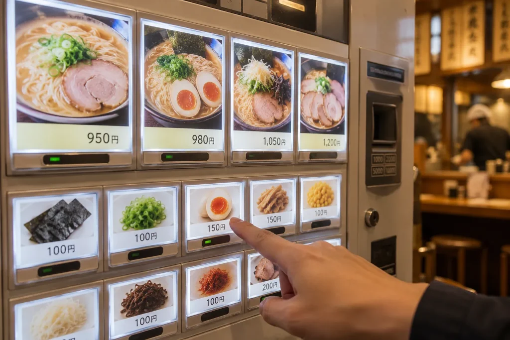  Close view of the main ramen buttons and the smaller topping buttons on a physical ticket machine