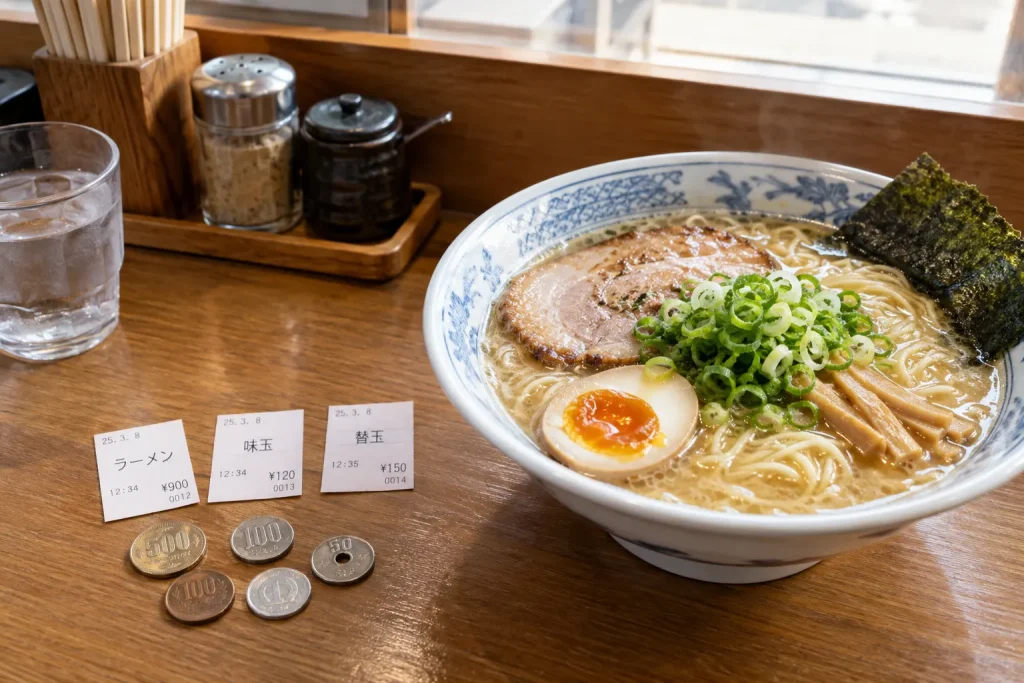 Separate kaedama and topping tickets beside coins and a bowl of ramen