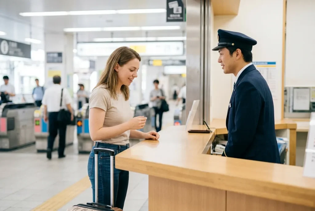 A traveler saying sumimasen before asking station staff a question