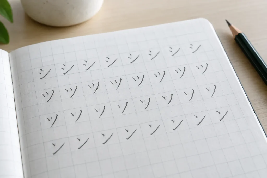 The four katakana characters シ, ツ, ソ, and ン written in a learner’s notebook