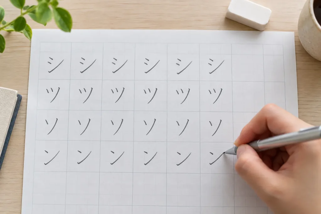 Stroke-direction practice for シ, ツ, ソ, and ン on squared Japanese writing paper