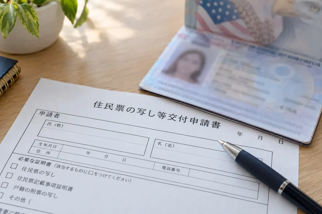Japanese government paperwork showing separate family-name and given-name fields beside a passport.